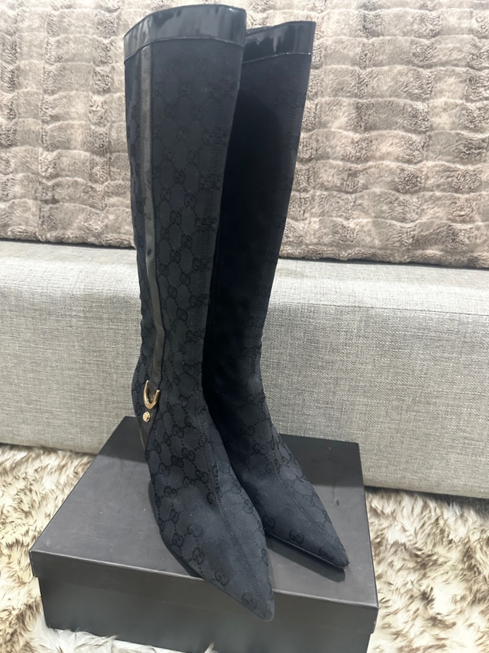 GUCCI Black GG Monogram Pointed Toe Boots with patent leather black